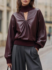Faux Leather Cutout Turtleneck Blouse