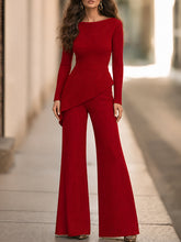Elegant Ribbed Knit Asymmetric Peplum Top And Wide-Leg Pants Two-Piece Set