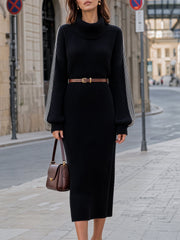 Stripe-Sleeve Turtleneck Belted Knit Midi Dress