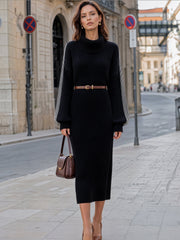 Stripe-Sleeve Turtleneck Belted Knit Midi Dress
