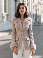 Elegant Faux Fur Trim Flap Pockets Fitted Jacket