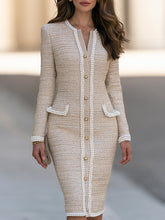 Elegant Pearl Trim Tweed Button-Front Sheath Dress