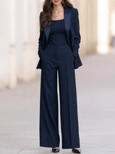 Women's Navy Satin Peak Lapel Blazer and High-Waist Wide-Leg Trousers Suit Set