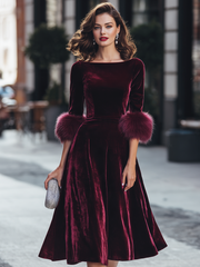 Velvet Plush Cuff Fit And Flare Midi Dress