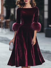 Velvet Plush Cuff Fit And Flare Midi Dress