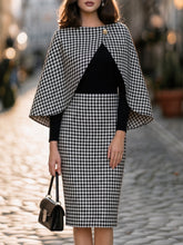 Houndstooth Cape-Overlay Midi Dress