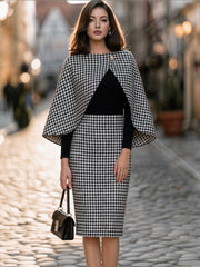 Houndstooth Cape-Overlay Midi Dress