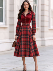 Vintage Velvet Tartan Belted Midi Dress