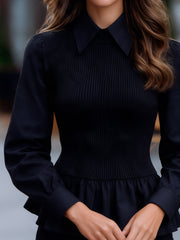 Ribbed Knit Collared Peplum Sweater