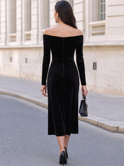 Black Off Shoulder Velvet Midi Dress