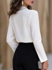 Sequin-Trim V-Neck Stand Collar Long Sleeve Blouse