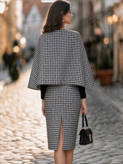 Houndstooth Cape-Overlay Midi Dress