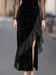Sheer-Sleeve Velvet Ruffle Maxi Dress