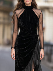 Sheer-Sleeve Velvet Ruffle Maxi Dress
