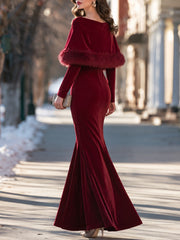 Velvet Mermaid Maxi Dress With Faux Fur Cape