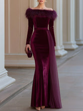 Velvet Off-Shoulder Faux Fur Trim Mermaid Maxi Evening Dress