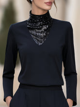 V-Shaped Sequin Panel Mock Neck Long Sleeve Top