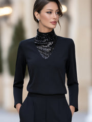 V-Shaped Sequin Panel Mock Neck Long Sleeve Top