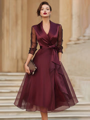 Elegant Wrap Midi Dress With Sheer Sleeves