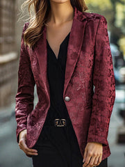 Burgundy Floral Jacquard Single-Breasted Blazer