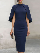 Elegant Navy Cape-Sleeve Midi Dress