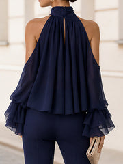 Chiffon High Halter Cold Shoulder Blouse