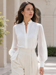 Stand Collar Split V Neck Sheer Lantern Long Sleeve Blouse