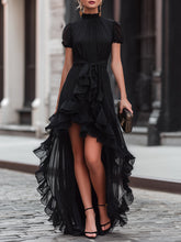 Sheer Ruffle High-Low Tie Waist Maxi Dress