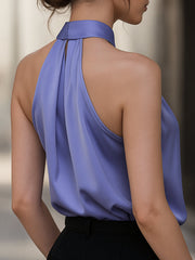 Sophisticated Cross-Neck Gathered Satin Blouse