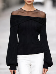 Sheer Mesh Yoke Off-Shoulder Ribbed Knit Sweater