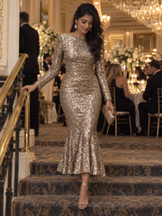 Sequin Boat-Neck Mermaid Evening Dress