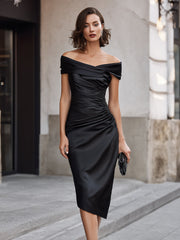 Off Shoulder Ruched Asymmetrical Midi Dress