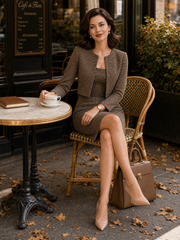 Houndstooth Blazer & Square Neck Midi Pencil Dress Two-Piece Set