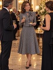 Houndstooth Bow Neck Jacket And A-Line Midi Skirt Set
