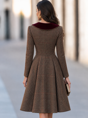 Burgundy Velvet Collar Plaid Wool Blend A-Line Midi Dress