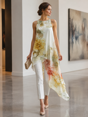 Sheer Floral Asymmetric Overlay Top & Tailored Pants Set