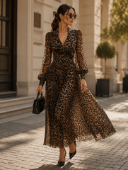 Leopard Print Wrap Midi Dress With Long Sleeves
