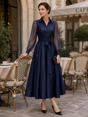 Formal OccasionSheer Tulle Sleeve Satin Midi Shirt Dress With Self Tie Belt