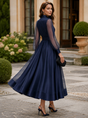 Formal OccasionSheer Tulle Sleeve Satin Midi Shirt Dress With Self Tie Belt