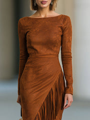 Asymmetric Fringe Faux Suede Midi Dress
