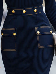 Navy Ribbed Knit Dress With Gold-Tone Button Denim Pocket Details