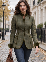 Plaid Wool Blazer, Velvet Trim Stand‑Collar Tailored Jacket For Women