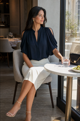 V-Neck Split Draped Short Sleeve Blouse