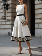 Contrast Waist Leopard Hem A-Line Midi Dress