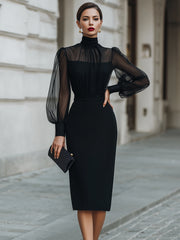 High-Neck Sheer Sleeve Tailored Midi Dress