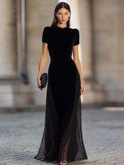 Short Sleeve Floor-Length Dress With Sheer Flowing Skirt