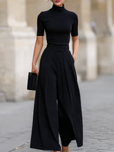 Minimalist Black Turtleneck Top & Wide-Leg Pants Co-ord Set
