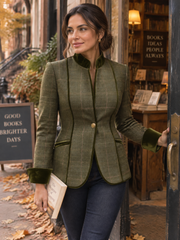 Plaid Wool Blazer, Velvet Trim Stand‑Collar Tailored Jacket For Women