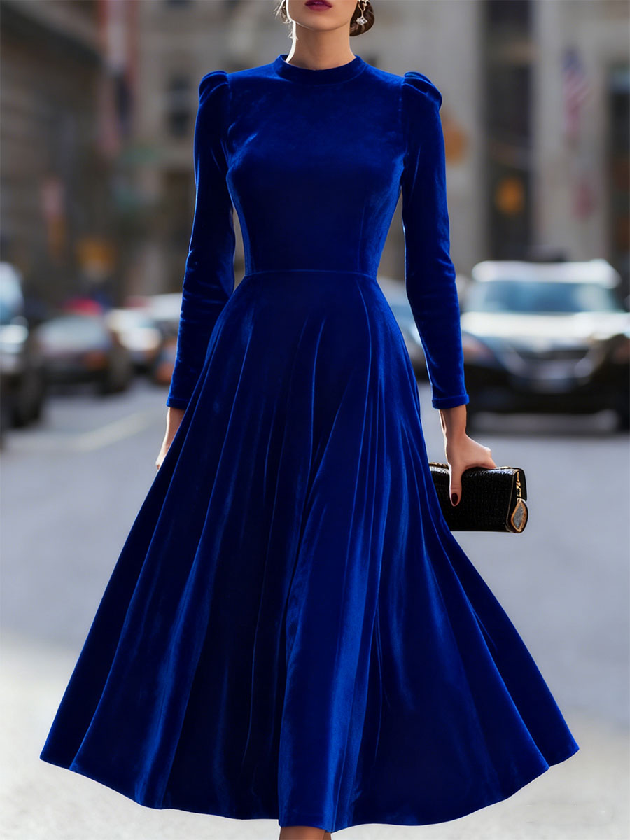 Luxurious   Velvet Long-Sleeve Midi Dress