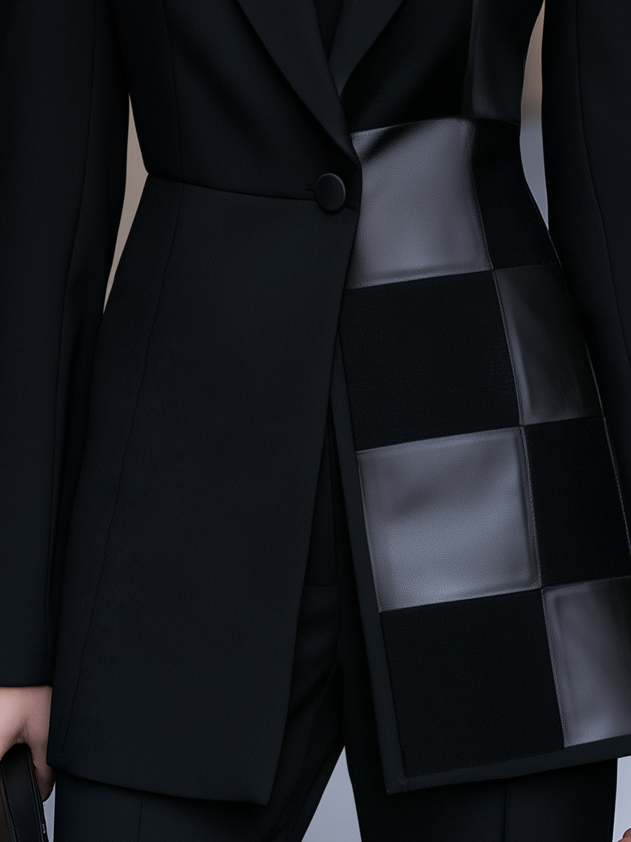 Faux Leather Checkerboard Patchwork Blazer